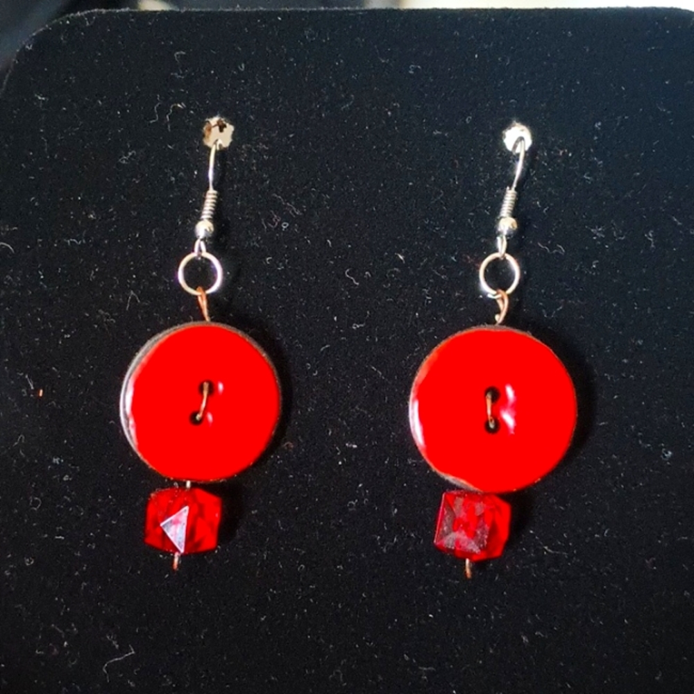 Handmade red button earrings with silver hooks